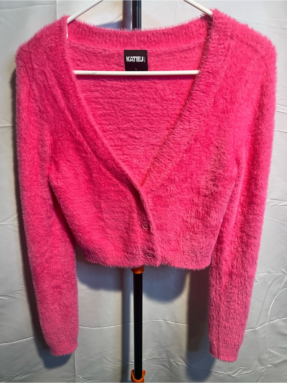 Katie J NYC Juniors Ultra Soft Fuzzy Cropped V-Neck Button Cardigan - Hot Pink L
